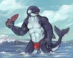 abs anthro athletic biceps big_muscles biped black_body black_skin blue_eyes bulge clothed clothing frisbee grey_body grey_skin male muscular muscular_anthro muscular_male open_mouth pecs pose scales solo speedo standing swimwear teeth tongue topless water wet white_body white_skin tpf1990 cetacean dolphin mammal marine oceanic_dolphin orca toothed_whale 5:4