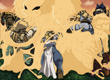 ambiguous_gender anthro female group male martialarts restrained restrained_by_tentacles slime sucked_in sunset tentacles trapped warlockthevigilante canid canine canis felid fox lion mammal pantherine wolf hi_res