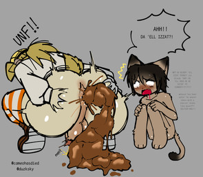 5_fingers age_difference anthro anus backsack balls bent_over big_butt blonde_hair blush bodily_fluids british brown_body brown_clothing brown_footwear brown_fur brown_hair brown_shoes butt clothed clothed/nude clothing crouching darkened_balls darkened_genitalia darkened_perineum drooling duo fangs feces feces_in_ass feet fingers footwear fur genital_fluids genitals gradient_ears gradient_tail hair hand_on_butt hat headgear headwear horn huge_butt leaning leaning_forward legwear licking licking_lips licking_own_lips male male/male nude nude_anthro nude_male open_mouth orange_clothing orange_legwear orange_thigh_highs pattern_clothing pattern_legwear pattern_thigh_highs peeing peeing_on_ground penis perineum ponytail pooping pooping_on_floor puffy_anus saliva shoes shota size_difference spread_butt spreading striped_clothing striped_legwear striped_thigh_highs stripes surprised sweat tail teeth text thigh_highs tongue tongue_out urine urine_on_ground yellow_clothing yellow_hat yellow_headwear yellow_tail young young_anthro young_male cameohasdied chimbley_sweep karl_(unknown_person) animal_humanoid bovid bovid_humanoid caprine caprine_humanoid domestic_cat felid feline felis humanoid mammal mammal_humanoid sheep_humanoid 2026 english_text hi_res