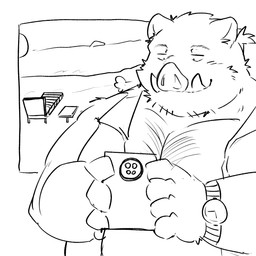anthro beach belly cellphone clothed clothing electronics humanoid_hands kemono male open_clothing open_shirt open_topwear overweight overweight_male phone seaside shirt smartphone solo sun topwear whitebeast20 mammal suid suine sus_(pig) wild_boar 1:1 2022 hi_res monochrome sketch