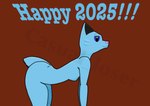 anthro bent_over blue_body blue_eyes blue_fur blue_text breasts brown_background cheek_tuft ear_tuft facial_tuft female fur holidays looking_at_viewer pink_nose short_tail simple_background skinny small_breasts smile smirk solo star_eyes tail text thick_outline tuft casual_loser new_year canid canine canis mammal wolf absurd_res english_text hi_res shaded watermark