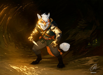 anthro armor black_body black_fur cave dagger fantasy fur hair knife leather leather_armor male melee_weapon orange_body orange_fur rogue short_hair solo weapon white_body white_fur white_hair osleepyevil dungeons_and_dragons hasbro wizards_of_the_coast xander_stock canid canine fox mammal red_fox true_fox