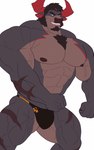 abs anthro biceps black_body black_fur bulge clothing eyebrows facial_hair fur grin horn male muscular muscular_anthro muscular_male nipples pecs smile solo speedo swimwear thick_eyebrows vein veiny_muscles kusunagi lifewonders live_a_hero obsidius bovid bovine cattle mammal