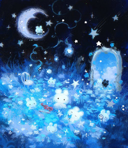 ambiguous_gender anthro arch black_body black_fur blue_fire blue_glow blue_grass bow_(stringed_instrument) bowed_string_instrument chair cloud clover_(plant) colored_fire cosmic_background crescent_moon detailed_background field fire fur furniture glowing glowing_plants group holding_object magic magnifying_glass micro moon musical_instrument night outside plant portal scenery shooting_star sitting sky sparkles standing star starry_background starry_sky string_instrument vines violin white_body white_fur happyyu lagomorph leporid mammal rabbit spirit will-o'-the-wisp 2026 colorful_theme digital_media_(artwork) digital_painting_(artwork) hi_res painting_(artwork) shaded soft_shading
