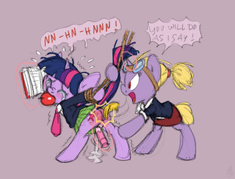 apple apple_gag arms_tied bdsm blonde_hair bodily_fluids bondage book bottomwear bound butt_slap captured clothed clothing crying cutie_mark dialogue dildo dominant dominant_female duo eyes_closed eyewear female female/female feral food forced fruit fur gag gagged goggles hair hands_behind_back horn magic mouth_hold multicolored_hair necktie open_mouth plant purple_body purple_fur purple_hair raised_tail rape red_eyes rope school_uniform sex sex_toy skirt slap spanking submissive submissive_female tail tears text tongue two_tone_hair uniform wet carniscorner friendship_is_magic hasbro my_little_pony mythology twilight_sparkle_(mlp) equid equine mammal mythological_creature mythological_equine unicorn english_text
