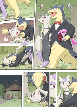 8_panel_comic ambiguous_gender anthro aroused bar_emanata biped black_clothing black_topwear blazer blue_body blue_fur boop border building close-up closed_smile clothing collared_shirt constricted_pupils digitigrade dress dress_shirt duo emanata falling_over forest_background fur hand_on_shoulder high-angle_view holding_object house light_blush looking_at_another mailbox mouth_closed night nose_boop open_mouth open_smile parallel_speed_lines plantigrade pupils purple_body purple_fur red_eyes scientific_instrument shirt slim slim_ambiguous slim_anthro small_pupils smile speed_lines staggering_(layout) tan_body tan_fur three-quarter_view topwear tripping two_row_layout weather_instrument weathervane whiskers white_body white_border white_fur yamatokuroko965 nintendo pokemon generation_2_pokemon generation_5_pokemon mienshao pokemon_(species) typhlosion 2026 cel_shading comic digital_drawing_(artwork) digital_media_(artwork) hi_res right_to_left shaded