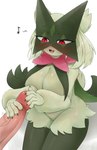 anthro big_breasts blush bodily_fluids breasts cleavage clothed clothing cum duo female fur genital_fluids genitals glans glansjob green_body handjob humanoid_genitalia humanoid_penis male male/female mostly_offscreen_character open_mouth palming penile penis sex simple_background smile kaiske2 nintendo pokemon generation_9_pokemon mammal meowscarada pokemon_(species) absurd_res hi_res