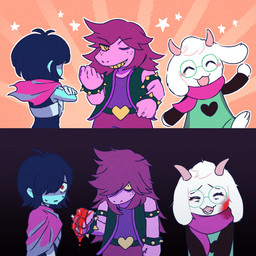 5_fingers anthro armor blood blood_on_face blood_on_hand blue_body blue_hair blue_skin blush bodily_fluids broken_glass eyebrows eyes_closed eyewear fangs female fingers fur glass glasses group hair happy horn long_hair male one_eye_obstructed pink_body pink_horn pink_skin purple_hair raised_inner_eyebrows red_eyes scarf screenshot_redraw sharp_teeth smile teeth trio white_body white_fur yellow_sclera kanten_pan deltarune undertale_(series) kris_dreemurr ralsei susie_(deltarune) boss_monster_(undertale) darkner human lightner mammal monster 2025 hi_res signature