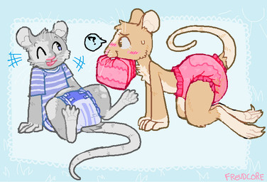 ageplay anthro blush bodily_fluids brown_body brown_fur clean_diaper clothed clothing diaper duo fur genital_fluids grey_body grey_fur infantilism male one_eye_closed open_mouth question_mark roleplay shirt simple_background sitting smile tail teeth topwear unclean_diaper urine used_diaper wearing_diaper wet_diaper whiskers freudcore mammal murid murine rat rodent 2024 digital_drawing_(artwork) digital_media_(artwork)