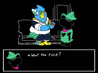 anthro blue_body blue_feathers clothed clothing cocaine crack_pipe dialogue drugs duo eyewear feathers fire furniture lighter male profanity sofa text henevada1 deltarune family_guy peter_what_are_you_doing_(meme) undertale_(series) berdly ralsei avian bird bovid caprine darkner goat mammal 2021 digital_media_(artwork) english_text hi_res meme