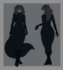 anterior_nasal_aperture anthro athletic athletic_female black_body black_fur breasts female fur genitals grey_hair hair solo vulva imnotalassie amythist_(hazrapanda) cryptid skulldog_(species) absurd_res hi_res model_sheet
