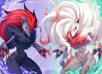 3_claws abs ambiguous_gender anthro athletic blue_eyes chest_fur claws duo featureless_crotch fur fur_markings grey_body grey_fur hair markings narrowed_eyes navel pose red_hair small_waist smile standing thick_thighs white_body white_fur white_hair yellow_sclera suahh nintendo pokemon generation_5_pokemon generation_8_pokemon hisuian_form hisuian_zoroark pokemon_(species) regional_form_(pokemon) zoroark 2025 digital_media_(artwork) signature