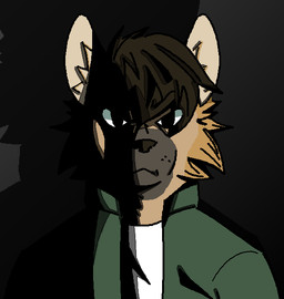 angry brown_body brown_fur brown_hair cheek_tuft clothed clothing ears_up facial_markings facial_tuft frown fur green_clothing green_jacket green_topwear hair head_markings jacket looking_at_viewer male markings muzzle_(marking) neck_tuft shirt simple_background solo stare topwear tuft whisker_spots white_clothing white_shirt white_topwear youtuber quincebleene spookston canid canine mammal meme shaded