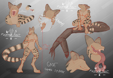 anthro bite biting_hand branch fangs long_tail long_tongue male open_mouth paws solo tail teeth tongue tongue_out yawn ransomwareprootnsfw gnat_(ransomwareproot) genet hybrid mammal splynter viverrid hi_res model_sheet