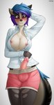 2016 anthro balls_in_underwear balls_outline blue_hair blush bodily_fluids bottomwear breasts bulge button_(fastener) clothed clothing detailed_bulge digital_media_(artwork) english_text erection fur genital_fluids genital_outline genitals glans gynomorph hair hi_res humanoid_genitalia humanoid_penis intersex looking_at_viewer mammal marblesoda multicolored_hair nipple_piercing nipples open_clothing open_shirt open_topwear penis piercing pink_glans poking_out precum purple_eyes purple_hair shirt shorts signature simple_background solo text topwear uncensored white_background