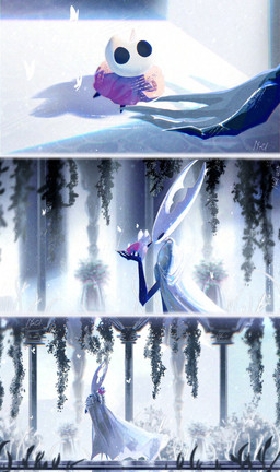 2_horns 3_panel_comic 5_fingers ambiguous_gender biped black_eyes cloak clothed clothing duo empty_eyes fingers holding_another horn larger_ambiguous looking_at_another shadow shoulder_pads size_difference smaller_ambiguous standing nacl hollow_knight_(franchise) team_cherry hollow_knight_(character) hornet_(hollow_knight) pure_vessel_(hollow_knight) arthropod vessel_(species) 2025 comic hi_res signature female_(lore) half_sister_(lore) sibling_(lore) sister_(lore)