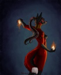 anthro black_hair breasts female fire fur hair magic_user nipples nude red_body red_fur side_boob solo tail winterbalg raitsh_(character) canid canine fox mammal 2012 hi_res