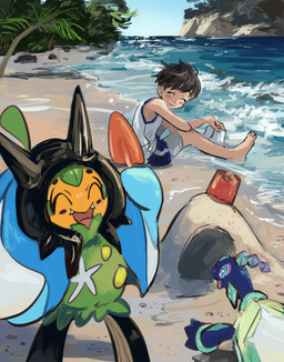 ambiguous_gender barefoot beach black_hair blue_body blue_eyes blush bottomwear clothing eyes_closed fangs feet feral group hair holding_object male open_mouth sea shirt shorts sitting tank_top teeth tongue topwear trio water oitann nintendo pokemon florian_(pokemon) generation_9_pokemon human humanoid legendary_pokemon mammal ogerpon pokemon_(species) terapagos terapagos_(normal_form) wellspring_mask_ogerpon 2025 hi_res female_(lore)
