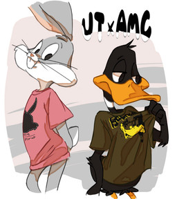 anthro black_body clothing duo humanoid_hands male pink_clothing pink_shirt pink_topwear shirt smile topwear popcublove looney_tunes warner_brothers bugs_bunny daffy_duck anatid anseriform avian bird duck lagomorph leporid mammal rabbit