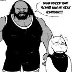 1:1 anthro beard boss_monster_(undertale) bovid caprine digital_media_(artwork) duo english_text facial_hair female horn human humor long_ears low_res male mammal mark_henry monochrome oldroots simple_background text toriel undertale undertale_(series) what white_background wrestling_singlet wwe yelling