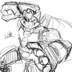 anthro armor looking_at_viewer machine male power_armor solo iaian_luxo_fox anithrot_paradox_(iaian_luxo_fox) fursuiter_guy_(iaian_luxo_fox) luxo_(iaian_luxo_fox) canid canine fox mammal 1:1 absurd_res hi_res monochrome sketch unfinished