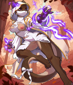 action_pose anthro breasts brown_body brown_fur clothing eyeshadow female forest fur genitals hood magic magic_user makeup mask nipple_slip plant pose purple_eyes purple_eyeshadow robe solo torn_clothing tree vulva wardrobe_malfunction white_clothing white_robe conditional_dnp skandiniwi mammal mustelid otter hi_res