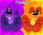 3_toes accessory anthro barefoot big_ears big_eyes black_eyes cheek_tuft collar duo ears_down ears_up eyebrows facial_tuft feet foot_fetish foot_focus fur humanoid_feet looking_at_viewer male male/male moon orange_body orange_fur paws pivoted_ears plantigrade purple_body purple_fur smile soles sun tail toes tongue tuft yellow_body yellow_fur brunisdraws mob_entertainment poppy_playtime smiling_critters catnap_(poppy_playtime) dogday_(poppy_playtime) canid canine canis critters_(poppy_playtime) domestic_cat domestic_dog felid feline felis mammal 2024 absurd_res hi_res signature