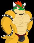 2018 2_horns alpha_channel anthro bowser briefs bulge clothed clothing collar conditional_dnp digital_media_(artwork) english_text hair hi_res horn koopa male mammal mario_bros muscular muscular_anthro muscular_male nintendo notkastar red_hair scalie signature simple_background sketch smile solo spikes text underwear
