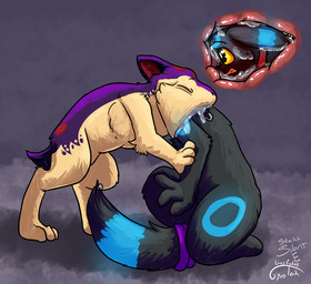 blue_eyes bodily_fluids countershading drooling esophagus feral feral_pred feral_prey internal male male_pred male_prey markings mottled mottled_body oral_vore paws purple_body quadruped red_markings saliva same_size_vore tan_body vore gyrotech silent_e nintendo pokemon blitz_(gyro) ebony_the_umbreon fan_character eeveelution generation_2_pokemon pokemon_(species) quilava shiny_pokemon umbreon