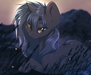 black_body black_fur black_hair feathered_wings feathers female fur grass hair head_horn horn long_hair looking_at_viewer lying mountain nude on_front plant solo sunset wings yellow_eyes shyryp hasbro my_little_pony mythology equid equine horse mammal mythological_creature mythological_equine pegasus pony absurd_res digital_media_(artwork) hi_res