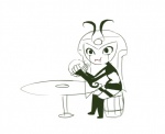 barrel burger eating female food furniture humor krabby_patty machine sandwich_(food) simple_background sitting solo table dogma my_life_as_a_teenage_robot nickelodeon spongebob_squarepants vexus animal_humanoid arthropod arthropod_humanoid humanoid insect insect_humanoid robot robot_humanoid monochrome