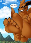 5_toes anthro black_claws black_ears black_lips black_nose blue_sky claws cloud crossed_arms dialogue exclamation_point feet fluffy fluffy_tail foot_fetish foot_focus forest fur humanoid_feet humanoid_hands lips long_ears looking_down macro male mountain multi_tail nude orange_body orange_fur outdoor_nudity outside plant plantigrade pointy_ears prick_ears pupils raised_foot raised_leg red_eyes sharp_teeth showing_teeth sky slit_pupils smile snout soles solo speech_bubble tail teeth text toe_claws toes tree white_claws white_clouds wrinkled_feet wrinkles cyborg-steve naruto kurama canid canine fox fox_spirit mammal 2023 english_text hi_res