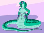 anthro apode breasts featureless_breasts forked_tongue hand_on_hip hand_on_own_hip jewelry_only legless purple_sclera serpentine solo teal_body teal_scales tongue tongue_out wydzard chinese_zodiac year_of_the_snake draconcopode naga reptile scalie snake 2025 alternate_version_at_source hi_res nonbinary_(lore)