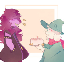 anthro blush cake clothed clothing dessert duo eyewear female food fur glasses hair hat headgear headwear male scarf simple_background smile white_body white_fur doodleoptic deltarune undertale_(series) ralsei susie_(deltarune) bovid caprine darkner goat mammal reptile scalie 2018 digital_media_(artwork)