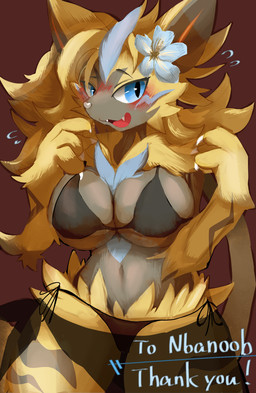 accessory anthro anthrofied big_breasts bikini biped black_bikini black_clothing black_swimwear blue_body blue_eyes blue_fur blush bodily_fluids breasts claws clothed clothed_anthro clothed_female clothing female finger_claws fingers flower flower_in_hair front_view fur grey_body grey_fur hair hair_accessory humanoid_hands looking_at_viewer markings nervous plant pokemorph shy simple_background solo standing striped_markings stripes sweat sweatdrop swimwear text thick_thighs two-piece_swimsuit wide_hips yellow_body yellow_fur izon448 nintendo pokemon aurora_(nbanoob) generation_7_pokemon legendary_pokemon pokemon_(species) zeraora colored english_text half-length_portrait hi_res portrait shaded