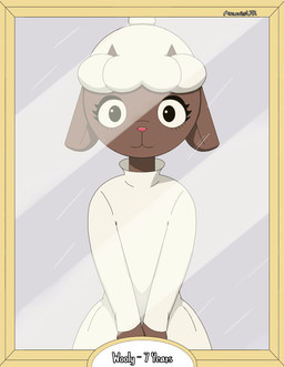 anthro brown_body clothing dress female framed_picture fur horn long_ears looking_at_viewer photo pink_nose smile solo text wool_(fur) wool_hair young young_female anuvisur_(artist) nintendo pokemon generation_8_pokemon pokemon_(species) wooloo absurd_res hi_res