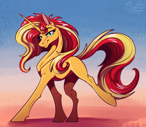 abstract_background female feral fluffy fur horn long_tail smile solo tail walking sunny_way equestria_girls hasbro my_little_pony mythology sunset_shimmer_(eg) equid equine mammal mythological_creature mythological_equine unicorn hi_res