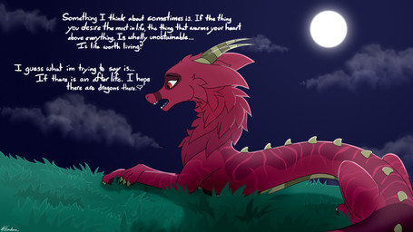 back_spikes claws cloud dialogue female feral fur grass horn light looking_down markings moon moonlight night outside plant red_body scale_markings scales solo spikes spikes_(anatomy) striped_body stripes tail teeth text tongue poundbandana asian_mythology east_asian_mythology mythology bandana_(character) dragon eastern_dragon furred_dragon furred_scalie mythological_creature mythological_scalie scalie 16:9 4k absurd_res hi_res widescreen