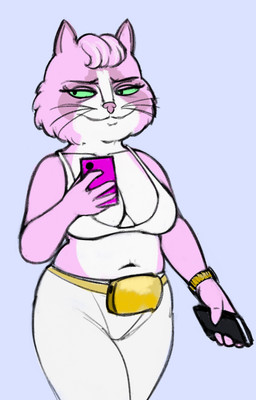 5_fingers alternate_costume anthro bare_shoulders belt belt_buckle big_belt_buckle big_breasts bikini bikini_top biped black_eyebrows black_eyes black_whiskers blue_background bottomwear breasts buckle cellphone cheek_tuft clock closed_smile clothed clothed_anthro clothed_female clothing collarbone countershade_face countershade_torso countershading elderly elderly_anthro elderly_female electronics eyebrows eyelashes facial_tuft female fingers fur fur_tuft gold_watch green_sclera head_tuft holding_cellphone holding_object holding_phone holding_smartphone humanoid_hands iris legs_together light_body light_fur long_eyelashes looking_aside mature_anthro mature_female monotone_background monotone_breasts mouth_closed multicolored_body multicolored_fur multicolored_pseudo_hair narrowed_eyes navel no_pupils pants phone pink_body pink_ears pink_fur pink_inner_ear pink_nose pointy_ears prick_ears pseudo_hair simple_background skimpy skimpy_bikini skimpy_swimwear slightly_chubby slightly_chubby_anthro slightly_chubby_female smartphone smile solo standing swimwear thick_thighs three-quarter_view tuft two-piece_swimsuit two_tone_pseudo_hair watch whiskers white_bikini white_bikini_top white_body white_bottomwear white_breasts white_clothing white_countershading white_fur white_pants white_swimwear wide_hipped_anthro wide_hipped_female wide_hips wristwatch yellow_belt zambs bojack_horseman netflix cutie_cutie_cupcake domestic_cat felid feline felis mammal 2026 absurd_res digital_drawing_(artwork) digital_media_(artwork) hi_res portrait three-quarter_portrait