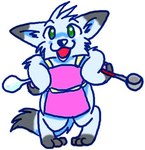 anthro apron apron_only clothing cutlery female fur fur_markings green_eyes grey_body grey_fur hands_on_hips kitchen_utensils ladle looking_at_viewer markings open_mouth pawpads paws pink_pawpads simple_background smile solo spoon tail tools white_background kazuteru_inui alita_(kazuteru_inui) canid canine canis mammal wolf digital_media_(artwork) low_res