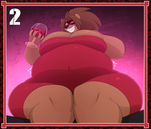 alcohol anthro belly belly_overhang beverage big_belly big_breasts breasts brown_body cleavage clothed clothing container cup dress drinking_glass emanata evil_grin female glass glass_container glass_cup hand_on_breast huge_belly huge_breasts huge_thighs implied_weight_gain navel obese obese_female overweight overweight_female red_clothing red_dress sharp_teeth smile solo teeth thick_thighs tight_clothing tight_dress wide_hips wine wine_glass thorstone sorcha_(thorstone) bear mammal hi_res