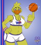 4_fingers alternate_form alternate_species anthro anthrofied armor ball basketball_(ball) basketball_uniform beak belly big_breasts blonde_hair bottomwear breasts clothed clothing cosplay costume crossover_cosplay feathered_wings feathers female fingers front_view fully_clothed hair headgear helmet looking_at_viewer midriff non-mammal_breasts orange_beak overweight overweight_anthro overweight_female slightly_chubby slightly_chubby_anthro slightly_chubby_female smile solo sportswear stocky thick_thighs topwear tune_squad_outfit tune_squad_outfit_(1996) uniform wide_hips wings yellow_body yellow_feathers yellow_skin thevgbear five_nights_at_freddy's scottgames space_jam warner_brothers chica_(fnaf) chica_(thevgbear) avian bird chicken galliform gallus_(genus) phasianid 2021 crossover digital_media_(artwork) signature