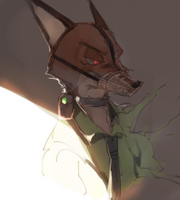 accessory alternate_universe amber_eyes anthro clothing collar fur green_clothing green_shirt green_topwear male muzzle_(object) necktie red_eyes shirt shock_collar solo teeth topwear wire_basket_muzzle ツグトク disney zoodystopia zootopia nick_wilde canid canine fox mammal red_fox true_fox source_request
