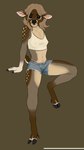 anthro biped black_nose black_sclera bottomwear breasts brown_body clothed clothing countershade_torso countershading crop_top denim denim_bottomwear denim_clothing denim_shorts female fingers front_view green_hair hair hooved_fingers hooves looking_at_viewer midriff navel nipple_outline nipples scut_tail shirt short_tail shorts simple_background small_breasts solo spots tail tan_body tan_countershading tank_top thong_straps topwear translucent translucent_clothing translucent_shirt translucent_topwear unguligrade white_eyes white_spots bruno_hirschkoff deer eldritch_abomination hybrid mammal 2024 hi_res