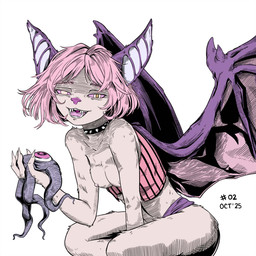 anthro black_clothing black_collar black_crop_top black_shirt black_topwear bottomwear breasts butt clothing collar crop_top exposed_breasts fangs female fur hair half-closed_eyes holding_object hotpants kneeling looking_at_viewer membrane_(anatomy) membranous_wings multicolored_clothing multicolored_crop_top multicolored_shirt multicolored_topwear narrowed_eyes nipples pink_body pink_clothing pink_crop_top pink_eyes pink_fur pink_hair pink_nipples pink_nose pink_sclera pink_shirt pink_topwear purple_bottomwear purple_clothing purple_ears purple_hotpants purple_shorts purple_wings sharp_teeth shirt shorts simple_background small_breasts smile solo spiked_collar spikes teeth text thick_thighs three-quarter_view tongue topwear two_tone_clothing two_tone_crop_top two_tone_shirt two_tone_topwear white_background wings gogogrey inktober bat mammal 1:1 2025 digital_media_(artwork) hi_res