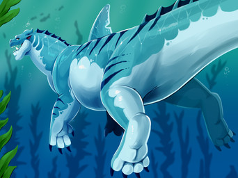 blue_body blue_claws blue_horn bubble claws detailed_background dorsal_fin feral fin frill_(anatomy) glistening glistening_eyes horn male neck_frill open_mouth orange_eyes side_view solo tail tail_frill teeth swampjaws aquatic