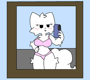 anthro blue_border border bra breasts clothing female fluffy fluffy_tail fur mirror mirror_selfie selfie solo tail thong tongue tongue_out underwear white_body white_fur girlkisser felid feline mammal
