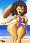 anthro beach biped breasts brown_hair buckteeth clothed clothing eyes_closed female hair one-piece_swimsuit open_mouth sling_bikini smile solo swimwear teeth thick_thighs yellow_body tansau lagomorph leporid mammal rabbit 2024 hi_res