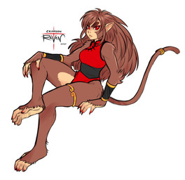 anthro asian_clothing breasts brown_body brown_fur brown_hair chinese_clothing clothed clothing east_asian_clothing feet female fur hair long_hair looking_at_viewer nails prehensile_feet red_eyes sitting solo toes crimsonraven haplorhine mammal monkey primate absurd_res hi_res