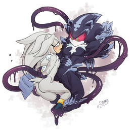 anthro bdsm black_body blush bodily_fluids bondage bound clothing crying duo featureless_crotch gloves green_eyes hands_behind_back handwear male male/male narrowed_eyes nude tears tentacles tentacles_around_arms tentacles_around_legs toodamncycle sega sonic_the_hedgehog_(series) mephiles_the_dark silver_the_hedgehog eulipotyphlan hedgehog mammal absurd_res digital_media_(artwork) hi_res